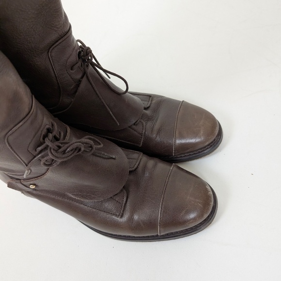 Massimo Dutti Brown Leather Riding Boots Lace Up Knee High Round Toe - Picture 6 of 16